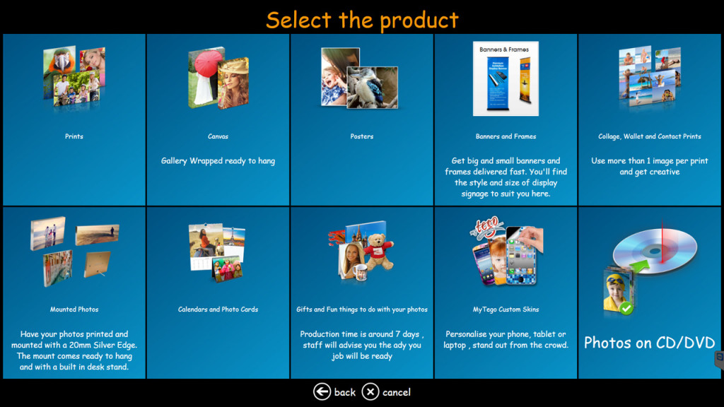 DiLand Kiosk Software product selection screen