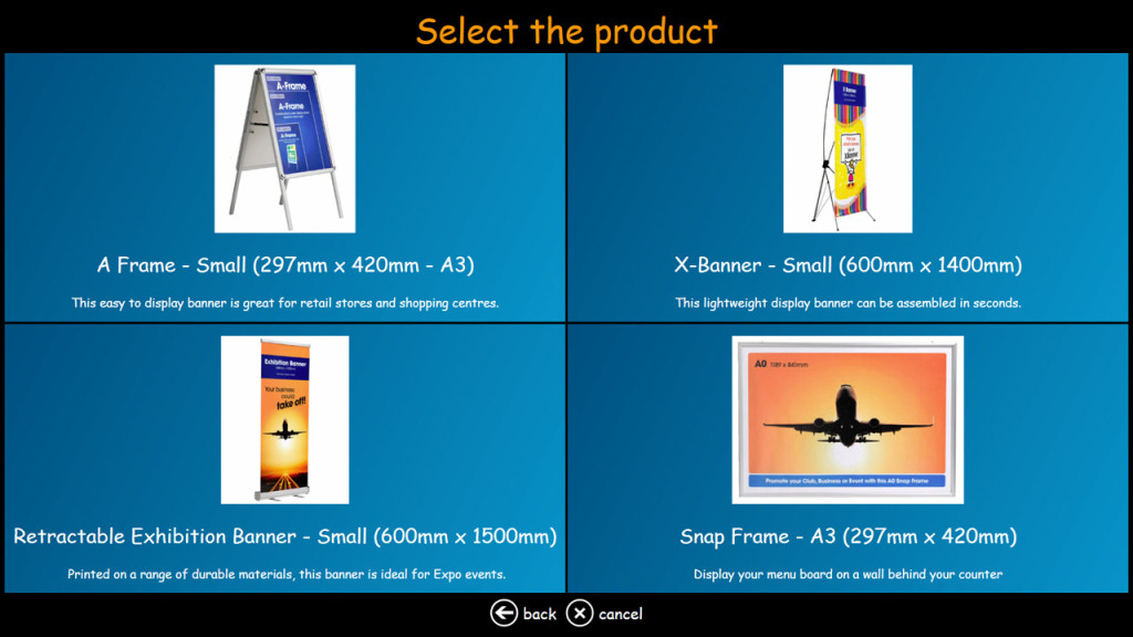 DiLand Kiosk Software product selection screen